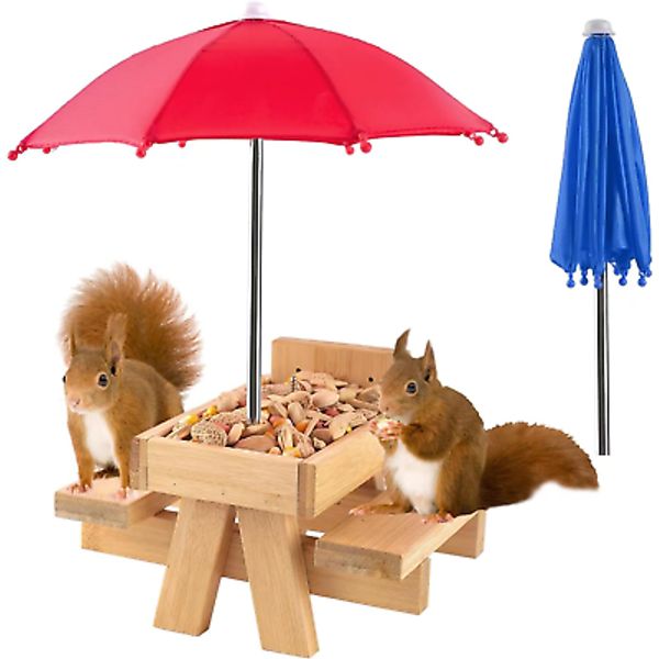 Squirrel Picnic Table Feeder with Two Umbrellas, Outdoor Squirrel Feeder, Chipmu