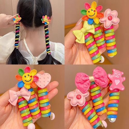 Colorful Telephone Wire Hair Bands,5 Pcs Braided Spiral Hair Band,Bowknot Rainbow Coil Hair Ties,Ponytail Holder Hair Ties,Colorful Telephone Line Hair Bands for Girls Women