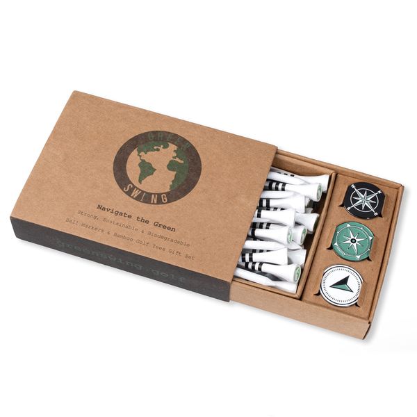 Green Swing Bamboo Golf Tees & Compass Ball Markers | Navigate the Green | Golf Gift Set