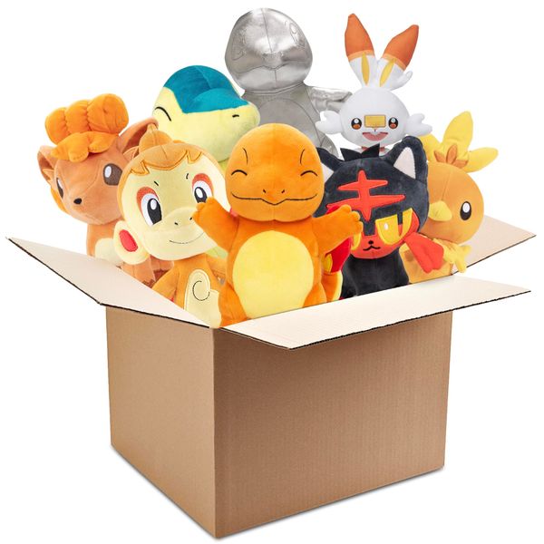 Pokemon Fire, Grass & Water Type 8" Plush Mystery 3-Pack - Receive 3 Random Blind Box Characters & Rare Silver Starters - Surprise Stuffed Animal Toy Figures for Kids, Boys, Girls