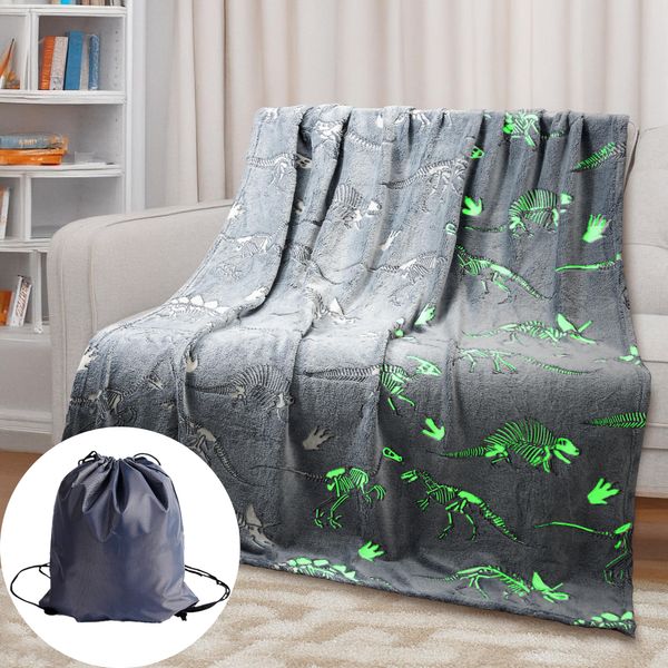 Glow in The Dark Dinosaur Blanket with Travel Bag for Boys Kids Son Teen Cozy Dino Blanket Soft Cute Dinosaur Toys Presents Birthday Halloween Christmas Room Dinosaur Decor Throw Blanket Grey 50"x60"