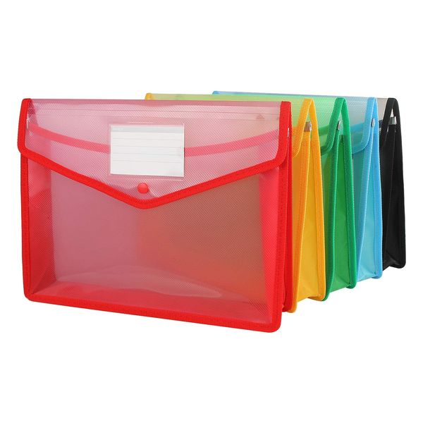 A4 Plastic Wallet Folder Envelope, CertBuy 5 Pack Waterproof Poly Envelope Plastic File Wallet Document Folder with Button Closure for School Office Home - Red Blue Yellow Green Black