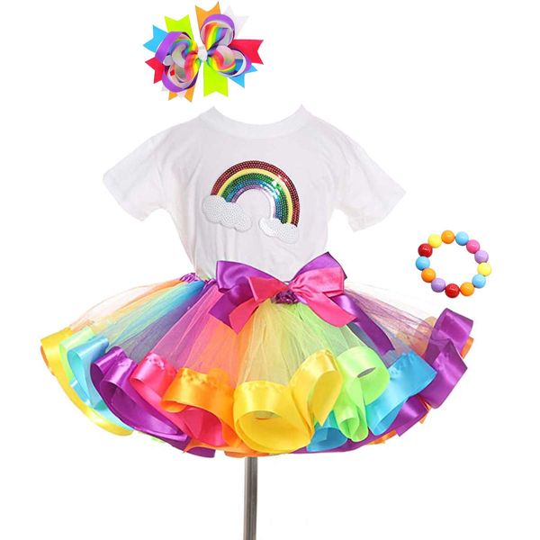 JOINSI Girls Kids Rainbow T-Shirt and Colorful Ballet Tutu Skirt & Hair Bows with Beaded Bracelet Set