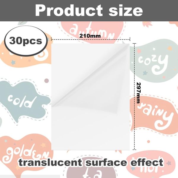ADERTOS 30 Stk A4 Selbstklebende Folien Bedrucken Klebefolien Druckerpapier Halbtransparent Bedruckbar Vinylfolie Inkjet Vnyl Aufkleber Sticker für Tintenstrahldrucker Laserdrucker
