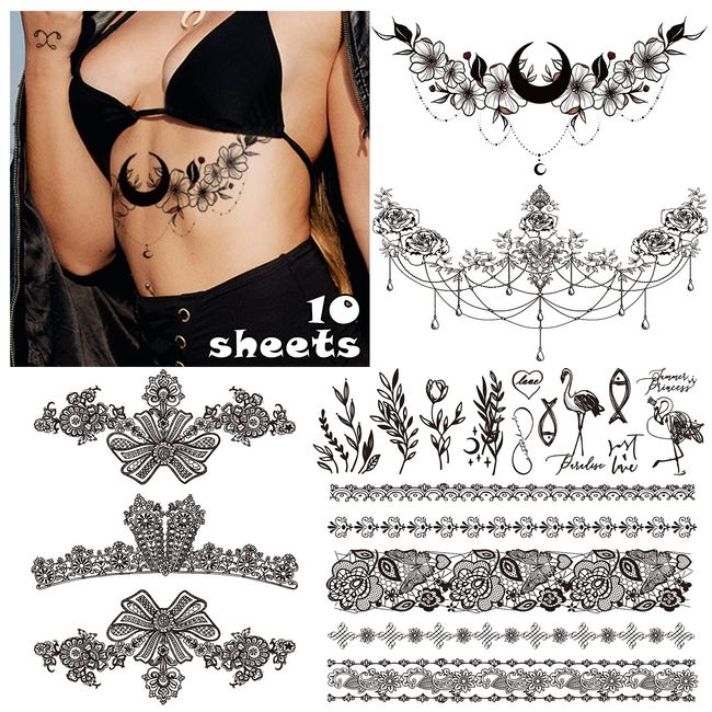 Acevegue 10 Blätter Fake Tattoos, 3D Temporäre Tattoo Brust Tattoo Schwarzes Tattoo, Klebetattoos Erwachsene Tatoos Aufkleben Damen Fake Tattoos Frauen Tattoos Aufkleben Geburtstag Geschenk Party Deko