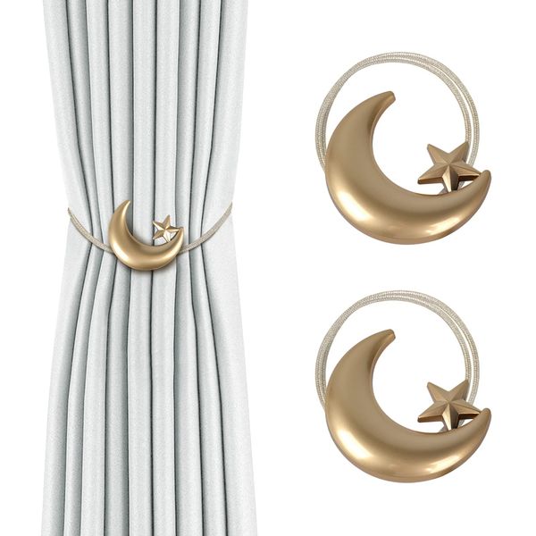 Dalababa 1 Pair Magnetic Curtain Tiebacks Drape Tie Backs Creative Metal Holdbacks Window Curtain Accessories for Home Bedroom Office,Gold Star Moon