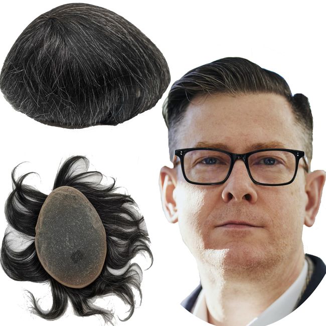 Echthaar Toupet für Männer,Yanahair Glattes Haar dünne französische Spitze Gebleicht Knoten natürlichen Haaransatz Perücken Haarsystem Europäische Echthaar Perücke Mann(10x8",#1B20 schwarz und grau)