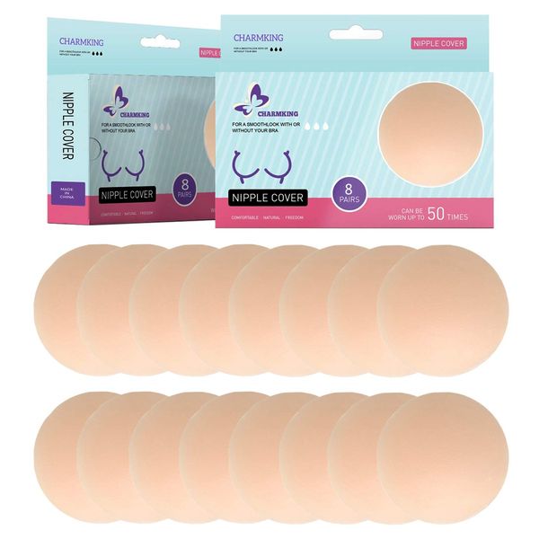 CHARMKING 8 Pairs Pasties Womens Reusable Adhesive Nipple Covers Invisible Round Silicone Cover Concealers, Beige