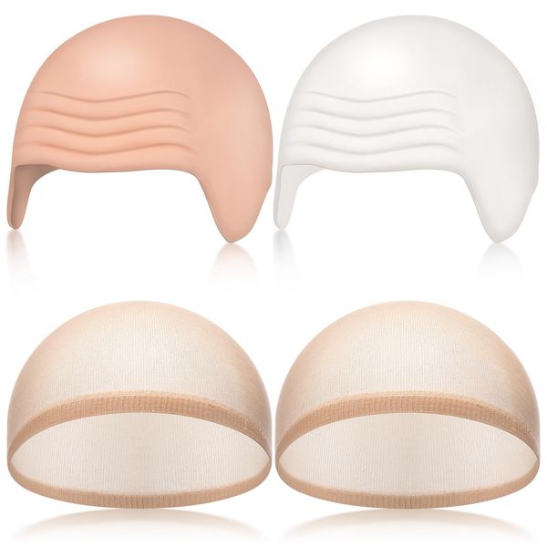 Syhood 4 Packs Halloween Bald Caps Makeup Latex Bald Head Wig Cap Bald Hat Costume Accessories for Women Men Adults(White,skin,Assorted)