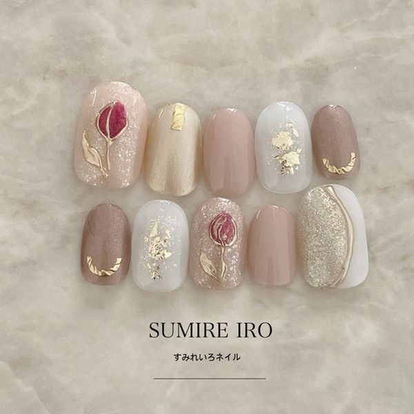 Nail tips False nails Bridal nails Short Long Design Summer nails Nail Coming-of-age ceremony Short nails Small nails Large nails Berry short Chibi nails Spring nails False nails Custom nails Flowers [1994] Red tulip beige gold white floret flower