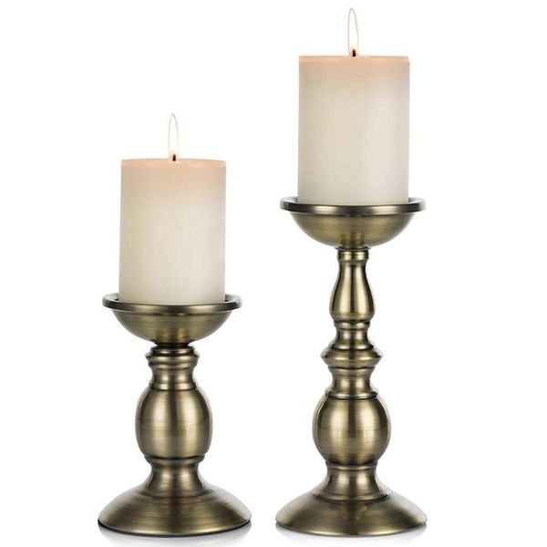 NUPTIO Bronze 2 Pcs Iron Pillar Candle Holders, Ideal for 80mm Pillar Candles or Flameless Led Candles, Halloween Christmas Candle Holder Decorations, Gifts for Wedding Party Home Spa Reiki(S + L)