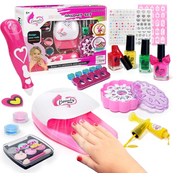 Geek Cheers Nail Polish Set for Girls, Nail Art Kit for Kids with Fun Dusting Pen/Nail Art Pen/Nail Dryer/Eyeshadow/False Nail - Kids Washable Makeup Kit for Girls, Best Gift for Birthday/Party