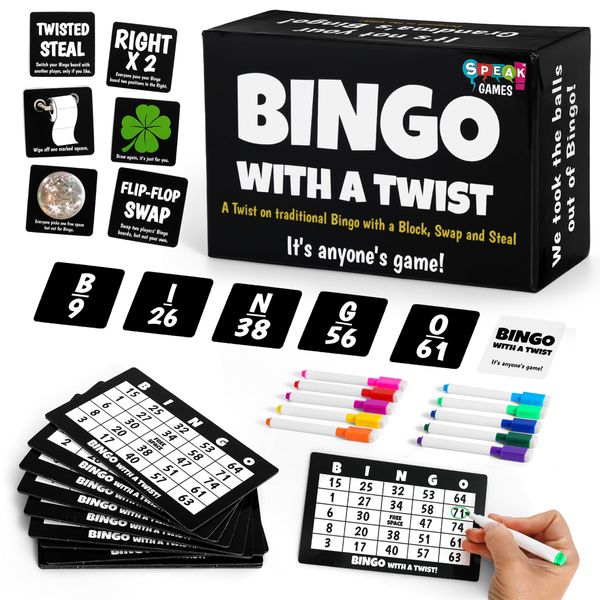 Bingo with a Twist Party Game, Bingo with Action Cards, Fun Twist on Traditional Bingo, Bingo Action Cards with a Block, Swap, and Steal, no More Bingo Balls, It's Anyone's Game! (Family Edition)