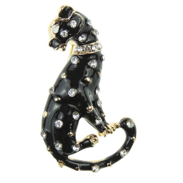 Sparkly Womens Girls Christmas Birthday Coat Scarf Coat Jacket Shawl Diamante Crystal Rhinestone Brooch Badge Breastpin Corsage Pin Gift Sitting Big Cat Jaguar Leopard Cheetah Panther (Black)