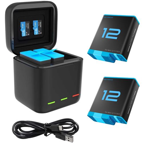 REYGEAK Battery Charger Kit for GoPro Hero 12 11 10 9 Black, Portable Charger 3-Channel Battery Charging + 2 Pack Battery for Go Pro 12 11 10 9 Original Batteries Accessories