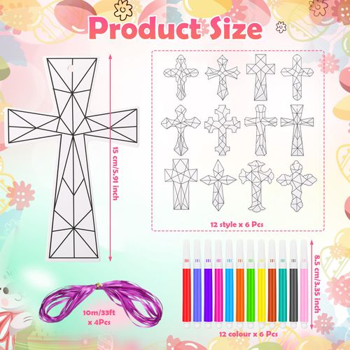 Motipuns 36 Set Christian Religious Cross Crafts Kit with Watercolor Pen,Color Your Own Cross Kit Cross Suncatchers Craft Easter DIY Ornaments for Sunday School Classroom Church Art Craft