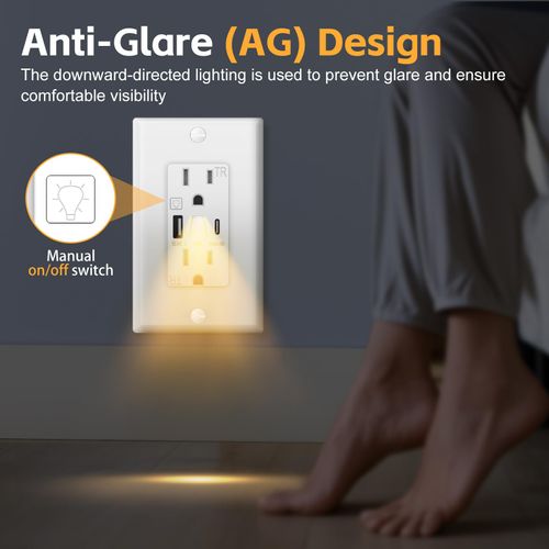 USB Outlet with Night Light,15 Amp Wall Outlets with Nightlight, 5V 4.8A Tamper-Resistant Electrical Receptacle with Type A & Type C Ports, Wallplate Included, ETL Listed(Warm White LED, 1-Pack)