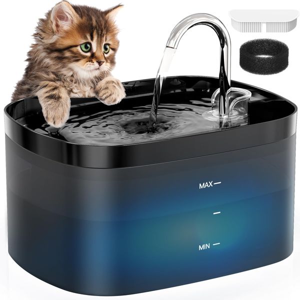 Cat Water Fountain, 84OZ/2.5L Cat Fountain, Super Silent Pet Water Fountain, Activated Carbon Filter, Translucent Pet Water Dispenser Suitable for Multiple Pets Family (Black+4Filters+4Sponges)