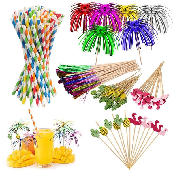 Cocktail Accessories for Drinks, 150PCS Food Drink Cocktail Decorations Cocktail Sticks Umbrellas & Straws, Sparkler Sticks for Beach Christmas Birthday Summer Theme Party Music Festival