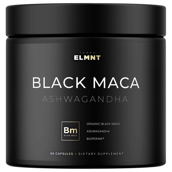 ELMNT 40,000mg 40x Strength Organic Black Maca Root with Ashwagandha - Highest Potency Black Maca Root Capsules for Men - 100% Pure Maca Peruana Powder Organic, Gelatinized, Non-GMO - 60 Pills