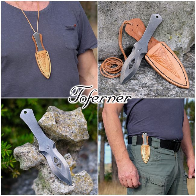 Toferner Hand Forged Knife- Brown - Marksmanship- Sports- Hand Made Genuine Leather Case- Hardened Blade - Vintage-Great Gift Idea You can wear this knife on yo