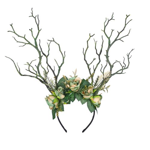 MOSTORY Handmade Green Branch Crown Woodland Flower Headband Forest Antler Headpiece Floral Fairy Hairband for Women Girls Ren Fair Elf Cosplay Halloween Party