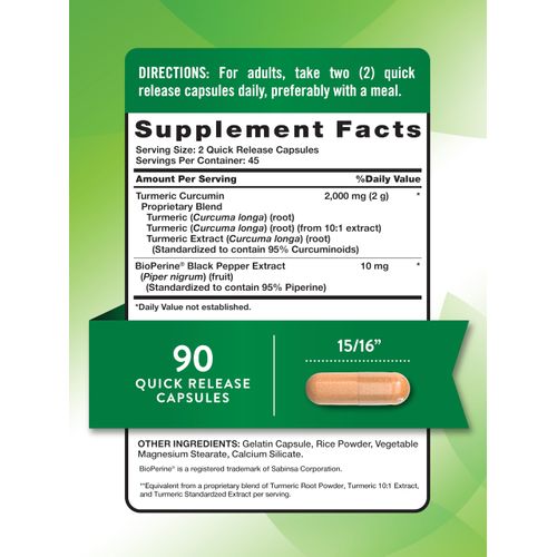 Nature's Truth Turmeric Curcumin Capsules | 2000mg | 90 Count | with 95% Standardized Curcuminoids and Bioperine | Non-GMO and Gluten Free Supplement