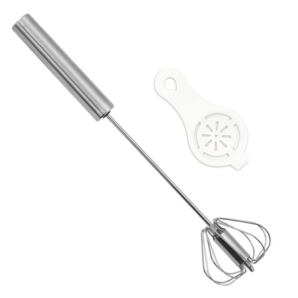 10 inch Hand Push Whisk,Semi-Auto Egg Whisk Hand Push Press Whisk Rotating Push Mixer Milk Frother Egg Beater with Egg White Filter Separator for Whisking, Beating, Stirring