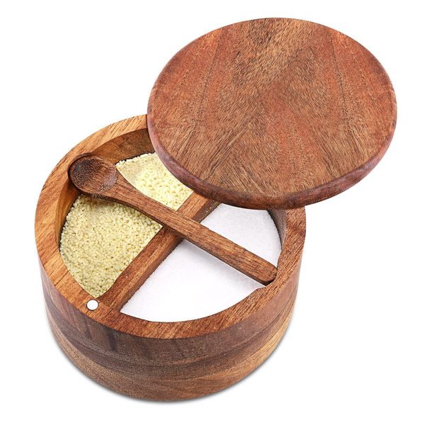 RAETTER.LY Acacia Wood Salt and Pepper Bowl, Nature Wood Salt Cellar and Spices Storage Box With Built-in Spoon and Magnetic Swivel Lid (Two Compartments)