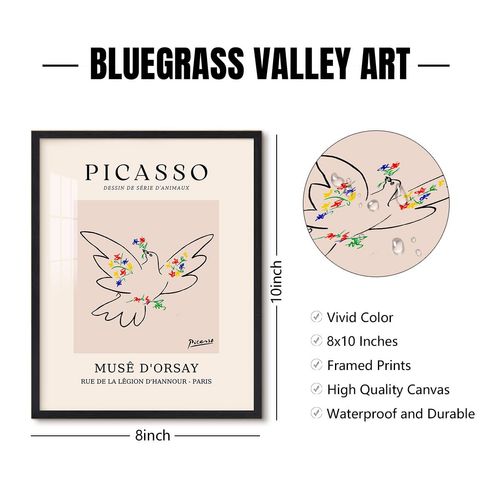 Pablo Picasso Dove of Peace Posters Wall Decor Picasso Line Drawing Art Prints Picture Minimalist Wall Art Aesthetic Birds Artwork for Living Room Bedroom Home Office Decoration, 8x10 Inch Black Frame