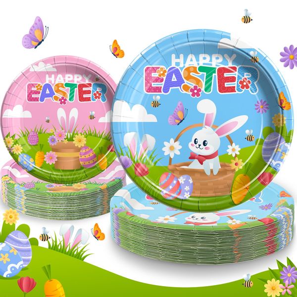 Duocute Happy Easter Bunny Party Paper Plates 40 Counts, 23cm(9inch) and 18cm(7inch) Easter Colorful Eggs Rabbit Disposable Paper Dishes Dinner Dessert Paper Plates for Kids Holiday Party-20 Guests