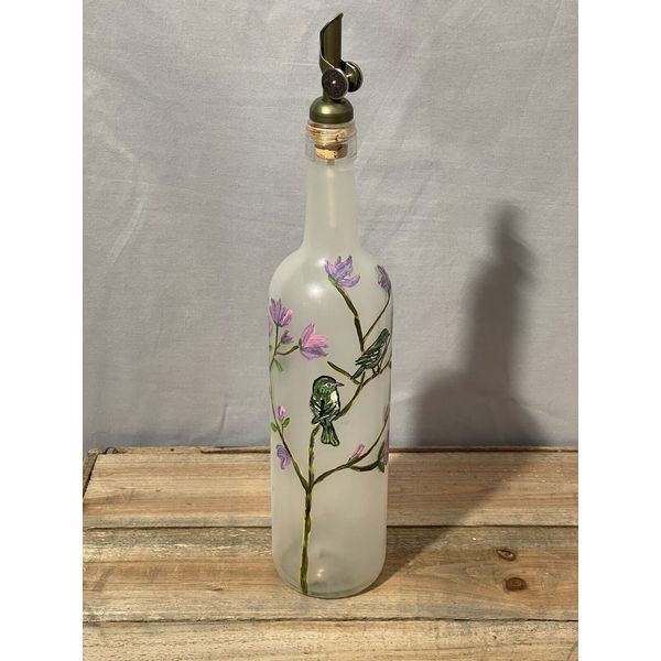 Oil & Vinegar Bottle with Hand Painted Birds, Green Purple NEW