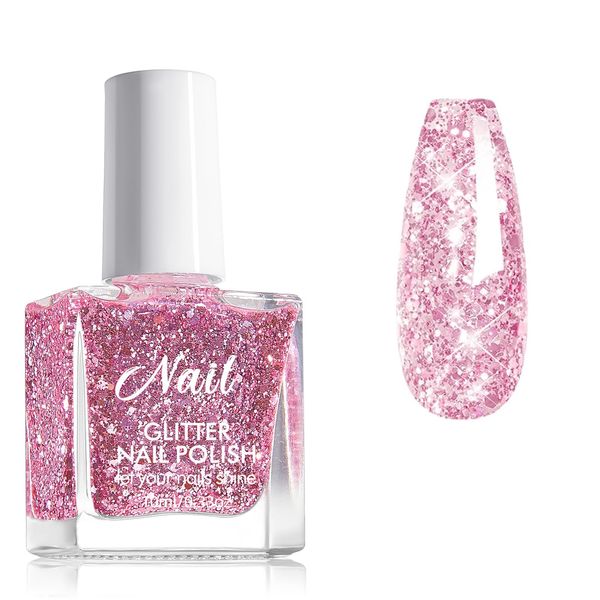 Glitter Nail Polish - Quick Dry Nail Varnish - Pink Shimmering Holographic Nail Polish - Sparkle Shiny Long Lasting Chip Resistant Nail Polish for DIY Nail Art Manicure at Home