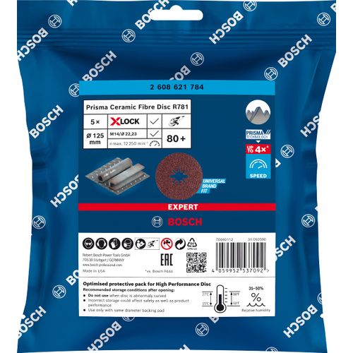 Bosch 25x EXPERT R781 Prisma Ceramic X-LOCK Fibre Discs (for Steel, Stainless steel sheets, Ø 125 mm, Grit 80, Professional Accessory Small Angle Grinder)