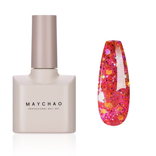 MAYCHAO Glitter Gel Nail Polish, 15ML Pink Glitter Gel Nail Polish, Soak Off UV LED Pink Glitter Gel Polish Nail Art Starter Manicure Salon DIY at Home, 0.5 OZ