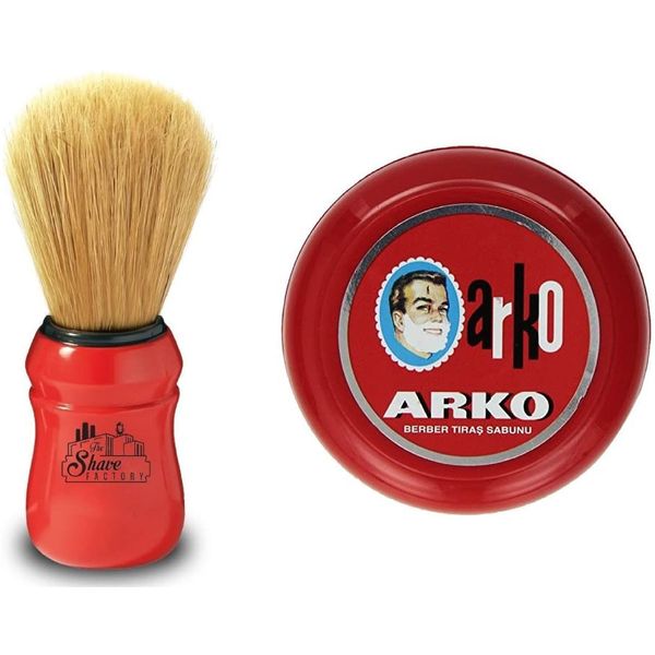 Arko/Omega Shaving Soap- 90g, Bowl Case + Omega Shaving Brush, Natural Boar Bristle, Red