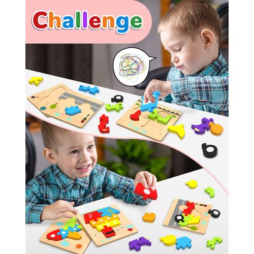 Yetonamr Wooden Toddler Puzzles Gifts Toys for 1 2 3 Years Old Boys Girls, 6 Vehicle Shape Montessori Toys Educational Blocks Kids Toys Gift Baby Learning Toy Age 1-3, 2-4