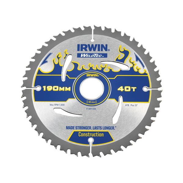 IRWIN IRW1897384 190 x 30mm 40-Teeth Weldtec Circular Saw Blade with ATB Tooth Grind