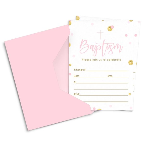 Paper Clever Party Girls Baptism Invitations with Envelopes for Christening, Naming Ceremony, Dedication, Confirmation, Baptismal, Communion Pink and Gold Blank Card Set, 15 Pack