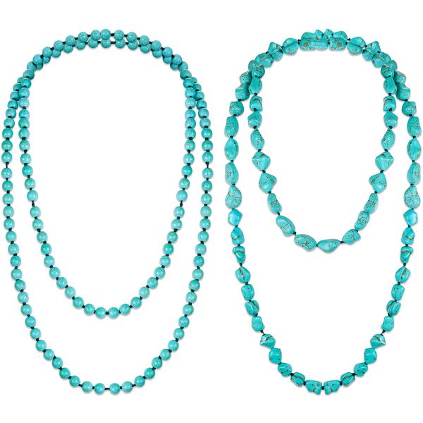 Henoyso 2 Pcs Turquoise Beads Necklace 47.5 Inch Long Endless Necklace Multi Strand Layer Necklace Knotted Homemade Jewelry(Fresh Style)