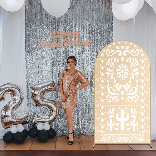 Tingjoo Beige Yellow Arch Backdrop for Baby Shower Mexican Talavera Wedding Party Stretchy Arch Stand Cover Doubleside Banner Baptismx Birthday Decoration Props(Only Cover)(4x7ft,Beige Yellow)