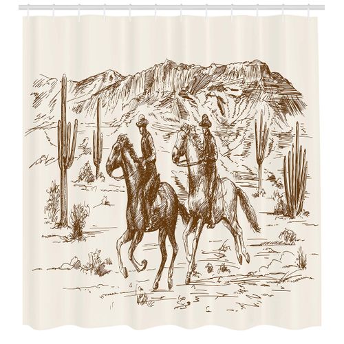 Ambesonne Western Shower Curtain, Country Theme Hand Drawn Illustration of American Wild West Desert with Cowboys, Cloth Fabric Bathroom Decor Set with Hooks, 69" W x 70" L, Umber Cream