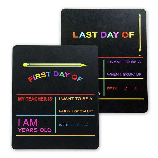 Reusable My First Day and Last of School Set Milestone Chalkboard Sign. Photo Prop Board for Kids, Black w/color print - 12” x 10” rectangle