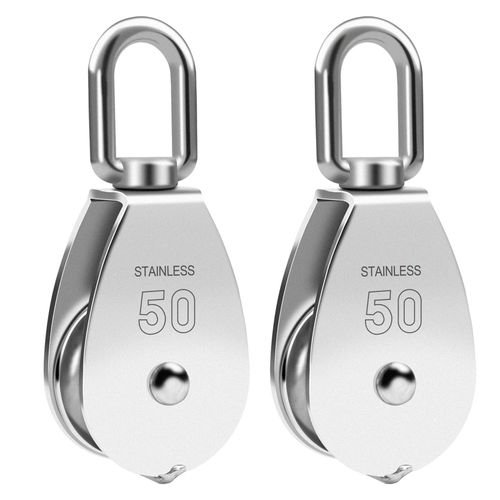 AOKOLL M50 Single Pulley Snatch Block Lifting Crane Heavy Duty Swivel Hook 304 Stainless Steel, 3/8" Rope x 2" Sheave, 800 lbs Load (M50-2PCS)