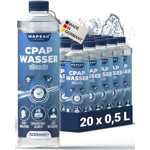 Mapeau 20x CPAP Wasser für Sauerstoff-Geräte, CPAP-Geräte, Atemgasbefeuchtung, destilliertes Wasser für Inhalator, Luftbefeuchter (20x 500ml)