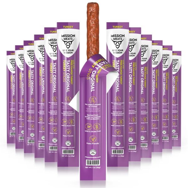 Mission Meats Turkey Sticks (Original) – Zero Sugar Meat Sticks, Gluten Free, Free Range Turkey Jerky Sticks, Healthy Snacks For Adults, 1oz (Pack of 12)