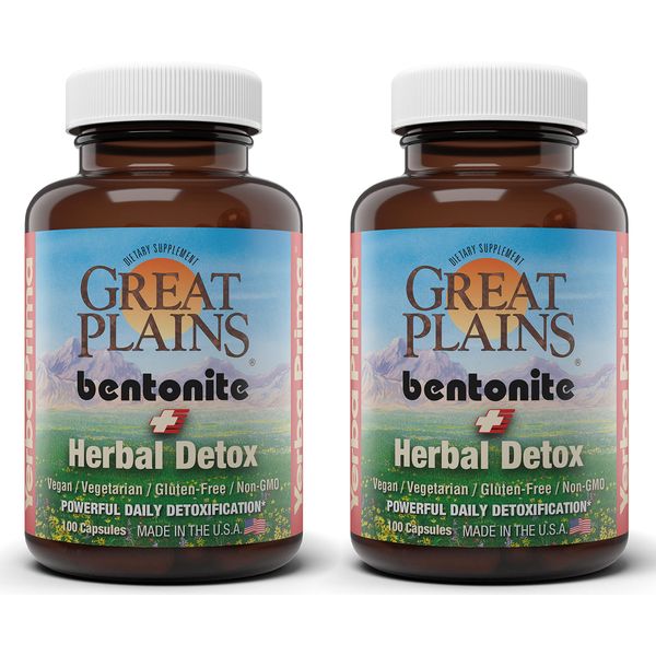 Yerba Prima Great Plains Bentonite Clay Caps Plus Herbal Detox (Pack of 2) - Food Grade - Liver & Colon Cleanse Supplement Capsules