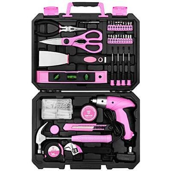 Pink 98 Piece Tool Set,General Household Hand Tool Kit with Plastic Toolbox