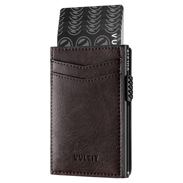 VULKIT Leather Wallet with RFID Blocking - Automatic Pop Up Card Case & Note Holder