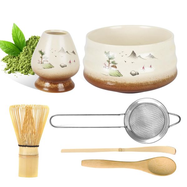 YTCYKJ 6-piece Set, Matcha Set, Japanese Tea Set, Matcha Kit, Matcha Whisk Set, Matcha Whisk Set, Matcha Product, Matcha Rice Bowl, Chasen, Chasen, Chasen Restoration, For Beginners, Matcha Starter (Landscape)